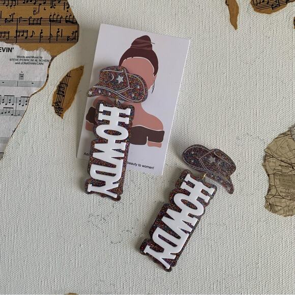 Disco Cowgirl Howdy Multicolor Glitter Charm Drop Festival Statement Earrings - Picture 3 of 6